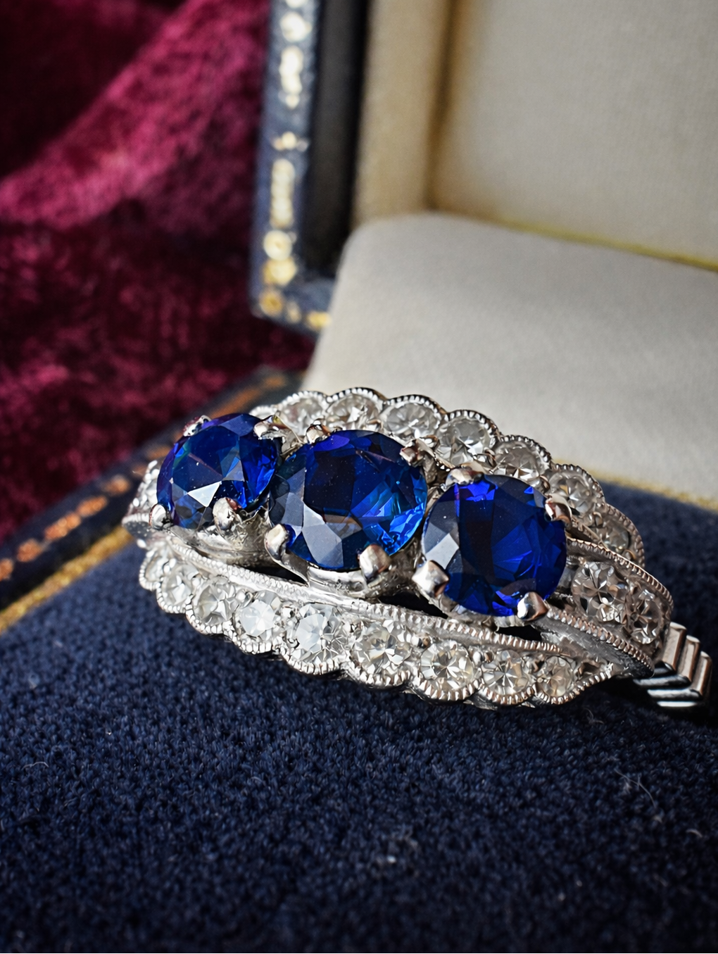 Estate Platinum Ring with Sapphire and Diamonds, a rare find