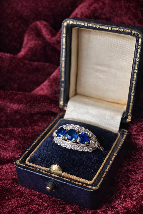 Estate Platinum Ring with Sapphire and Diamonds, a rare find